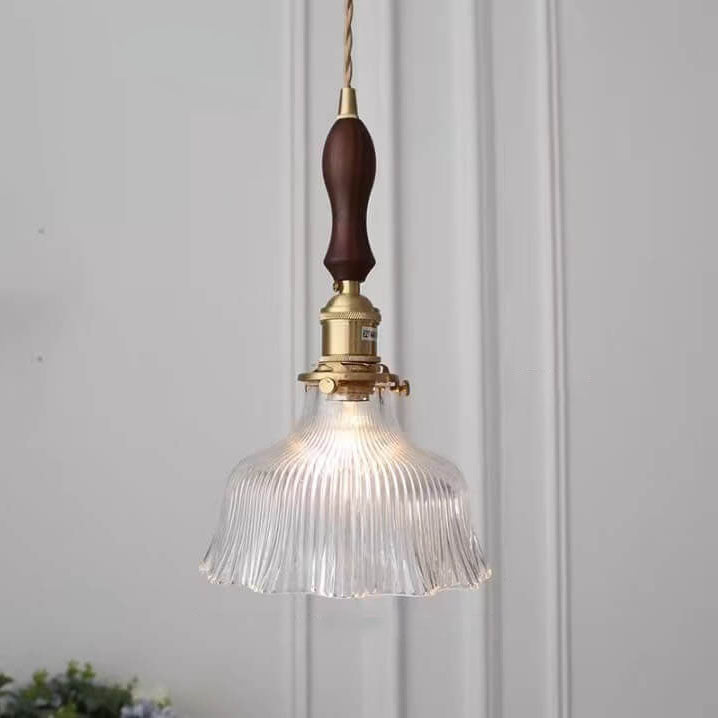 Modern Minimalist Copper and Walnut Pendant Light with Glass Shade
