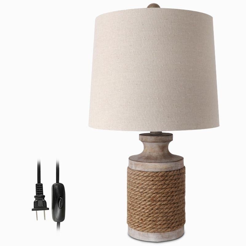 Rustic Oatmeal Fabric Rope Table Lamp with Stone Base