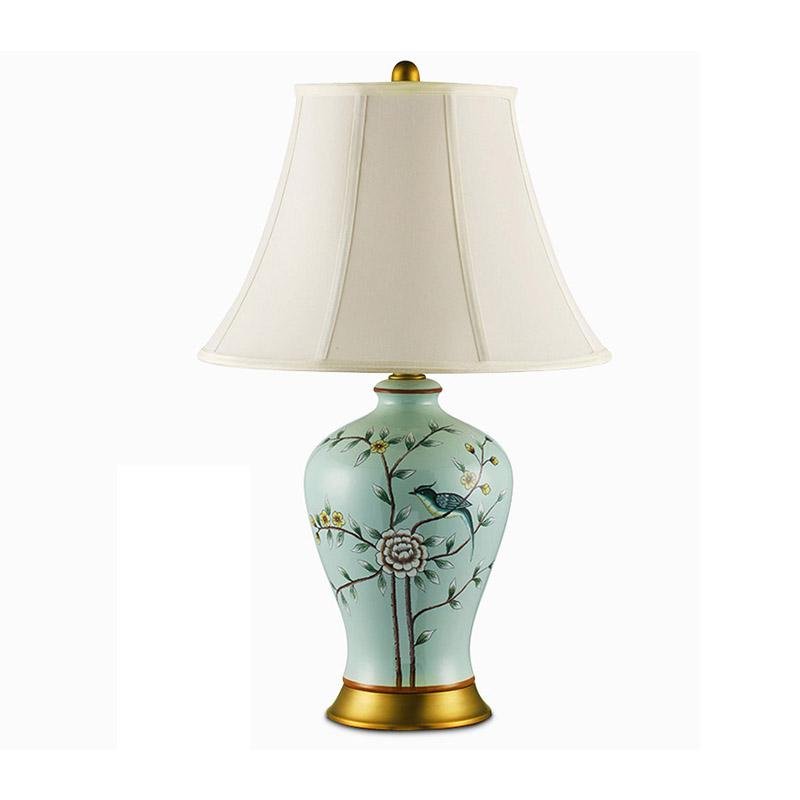 23-Inch Oriental Porcelain Table Lamp with Vivid Branches and Birds