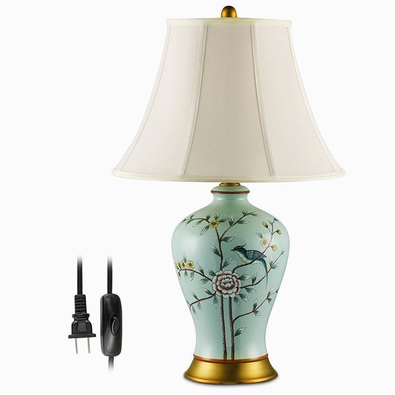 23-Inch Oriental Porcelain Table Lamp with Vivid Branches and Birds