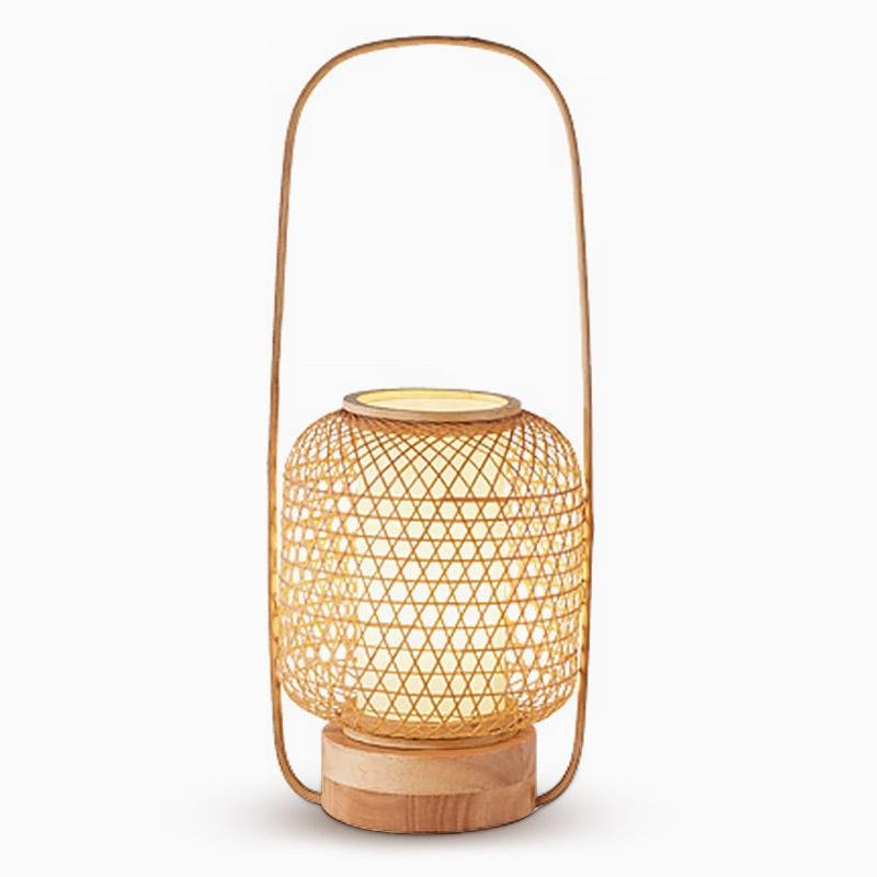 Premium Rustic Bamboo Table Lamp with LED Cylinder Light and USB Charging Port