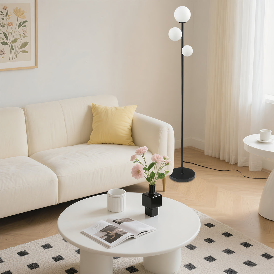Modern 3-Light Globe Floor Lamp in Gold, Black, and White