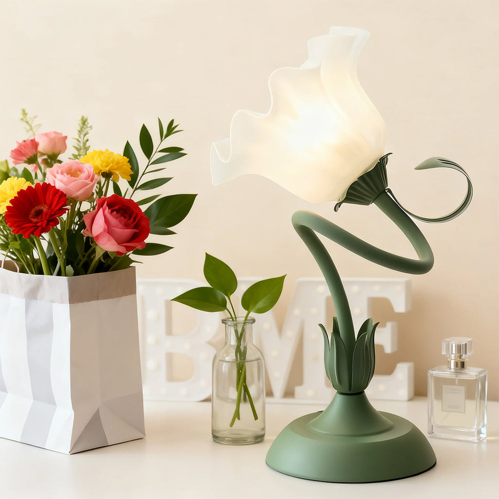 Vintage French Floral Table Lamp with Twistable Green and White Glass