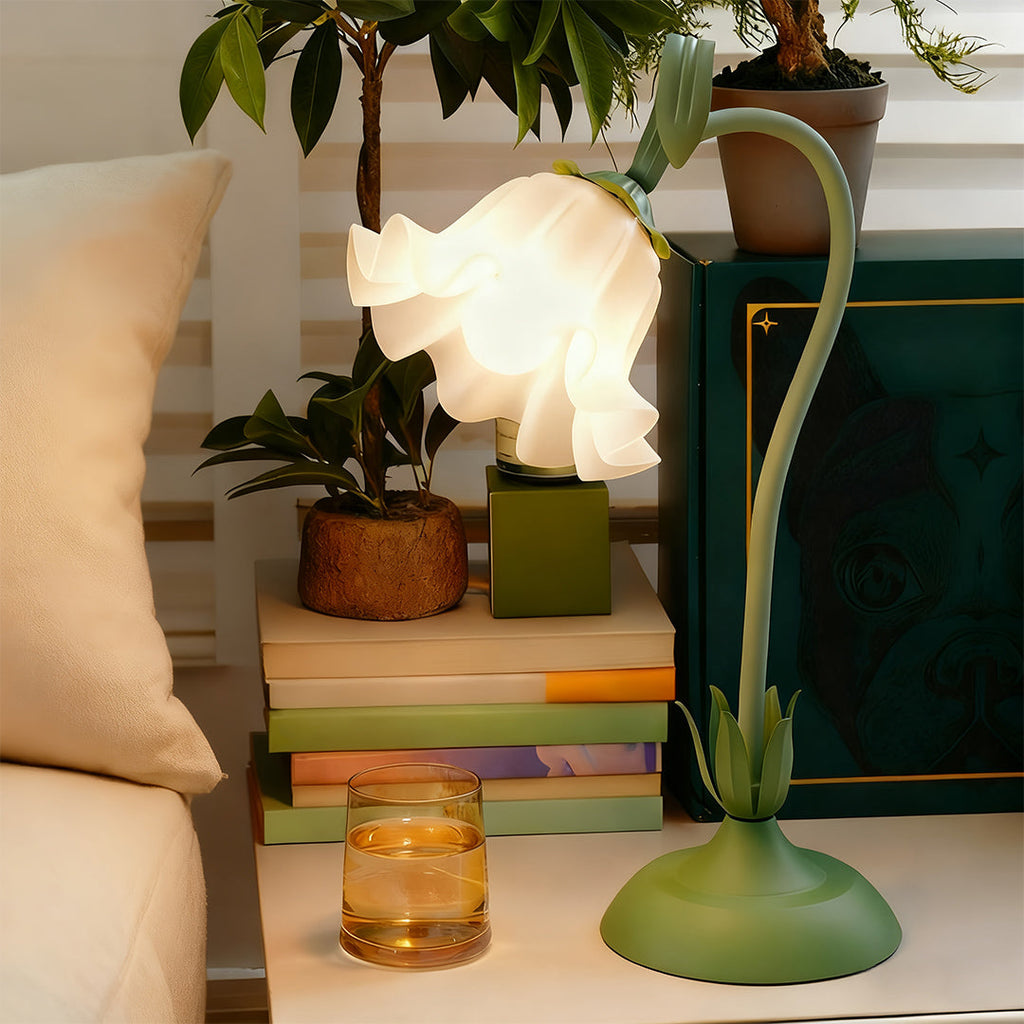 Vintage French Floral Table Lamp with Twistable Green and White Glass