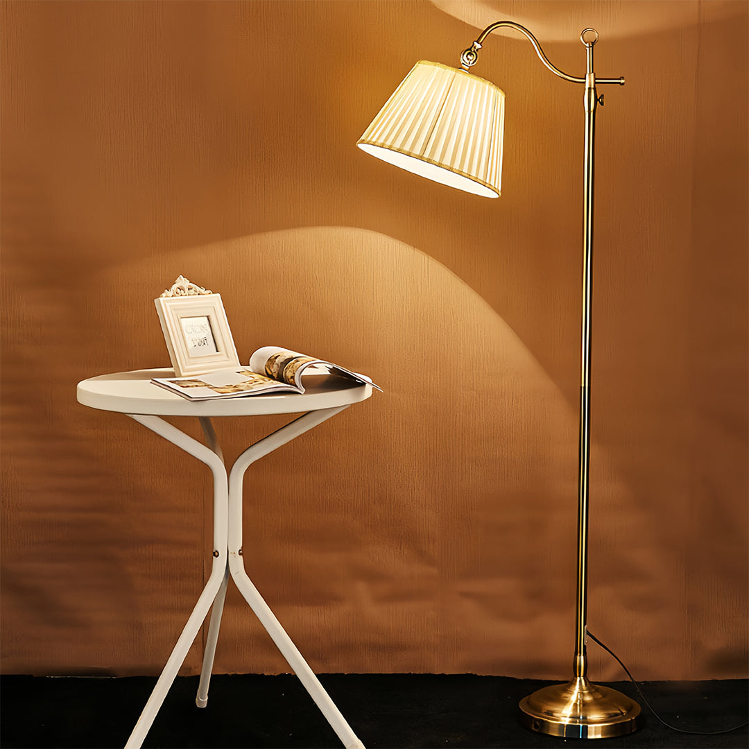 Adjustable Copper Arch Floor Lamp with Vintage Fabric Shade