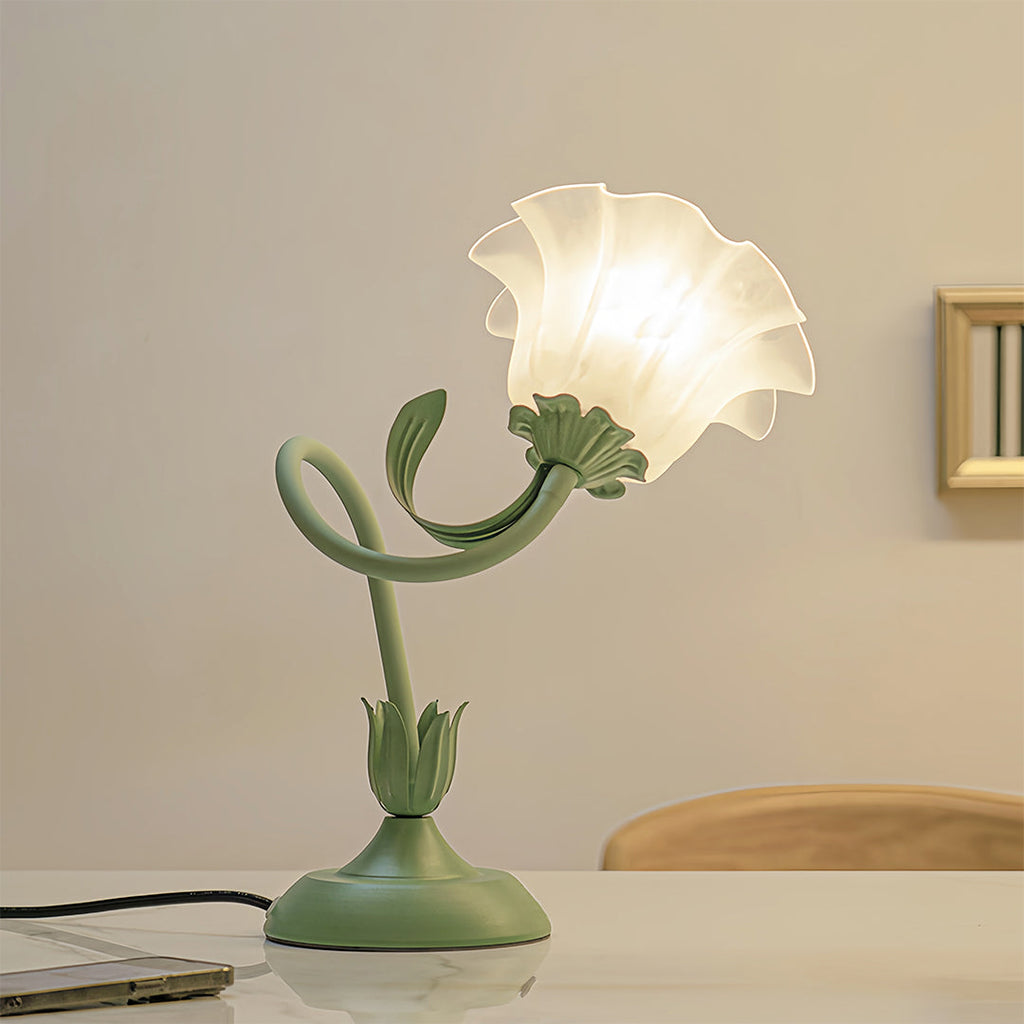 Vintage French Floral Table Lamp with Twistable Green and White Glass