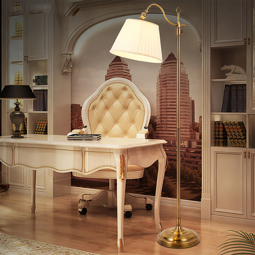 Adjustable Copper Arch Floor Lamp with Vintage Fabric Shade