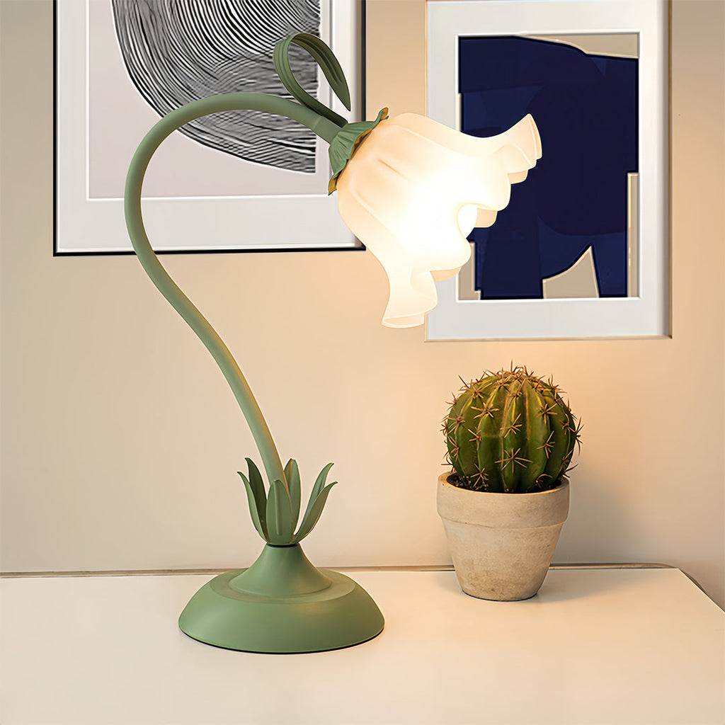 Vintage French Floral Table Lamp with Twistable Green and White Glass