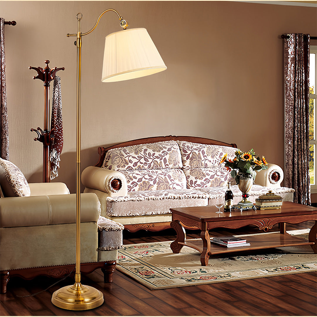 Adjustable Copper Arch Floor Lamp with Vintage Fabric Shade