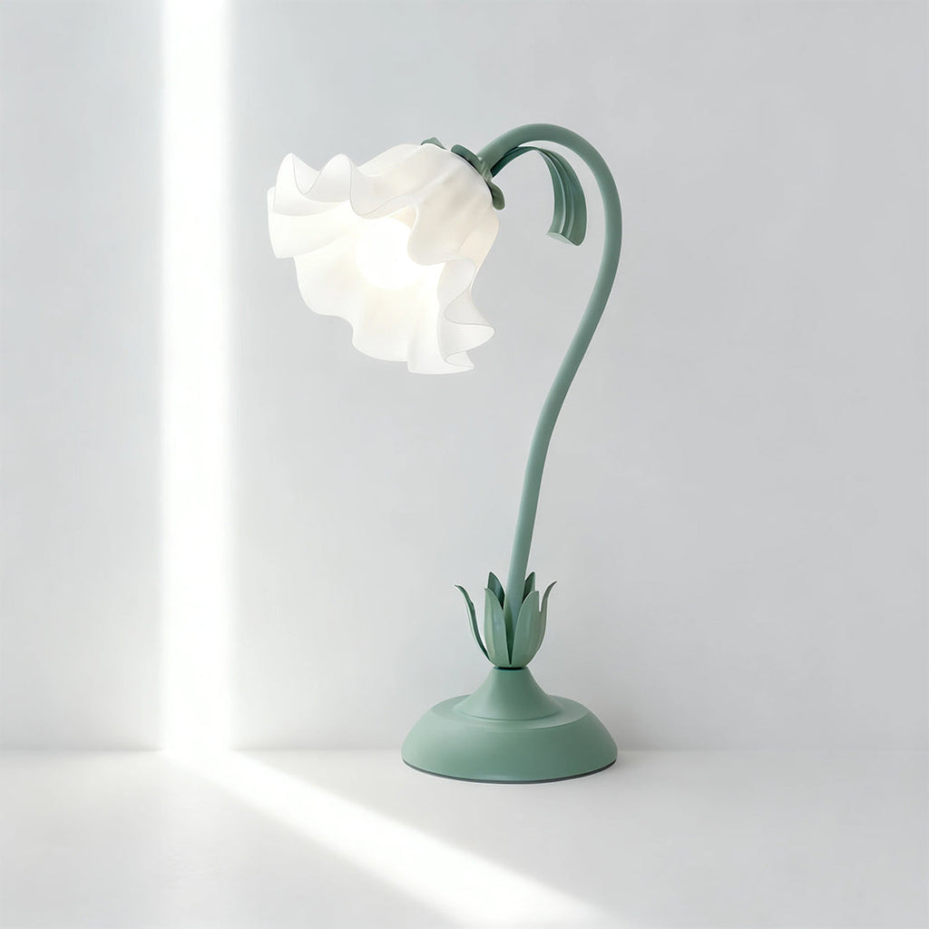 Vintage French Floral Table Lamp with Twistable Green and White Glass