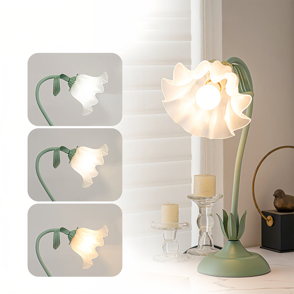Vintage French Floral Table Lamp with Twistable Green and White Glass