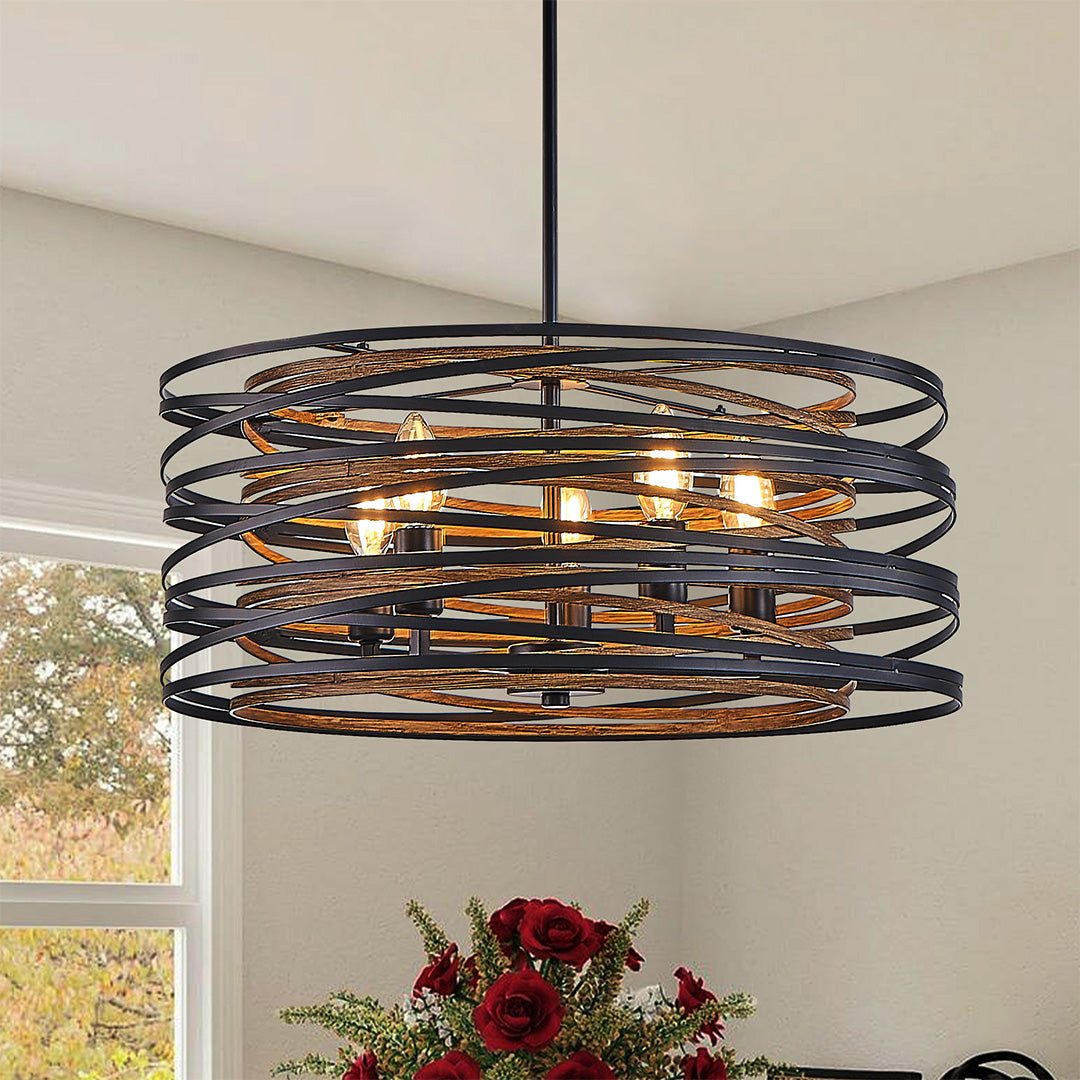 Black Iron Cage Drum Pendant Light - Round Ceiling Fixture