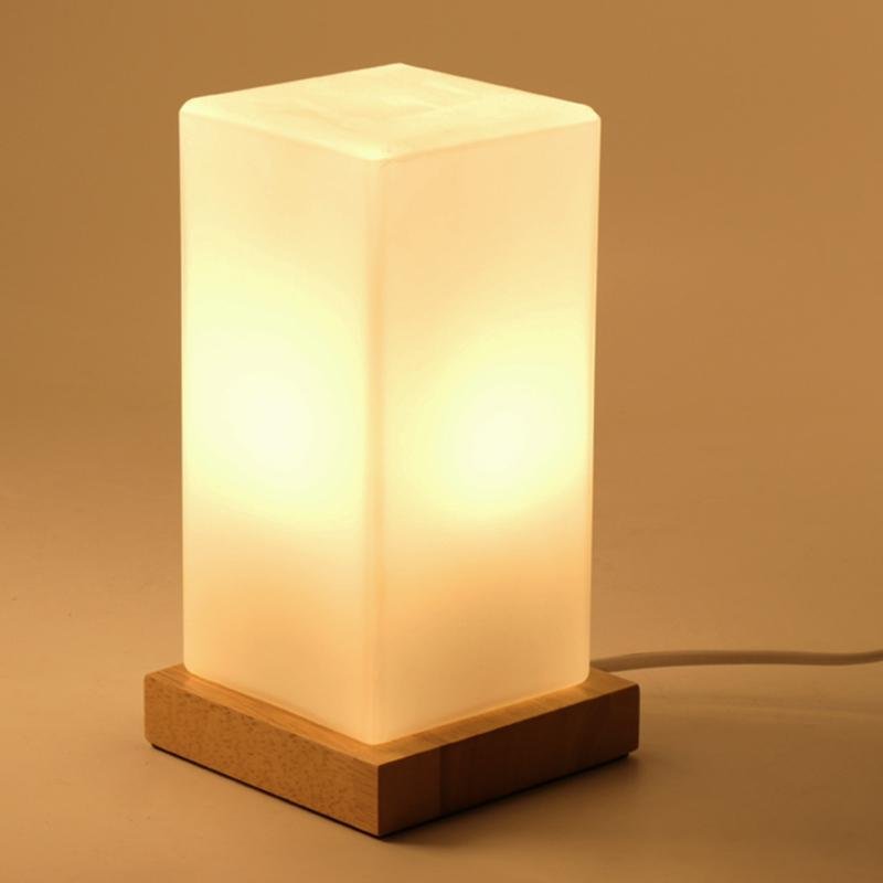 Battery-Powered LED Wooden Cube Table Lamp