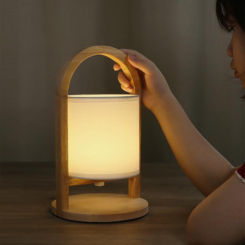 Portable Battery-Powered Wooden Accent Table Lamp