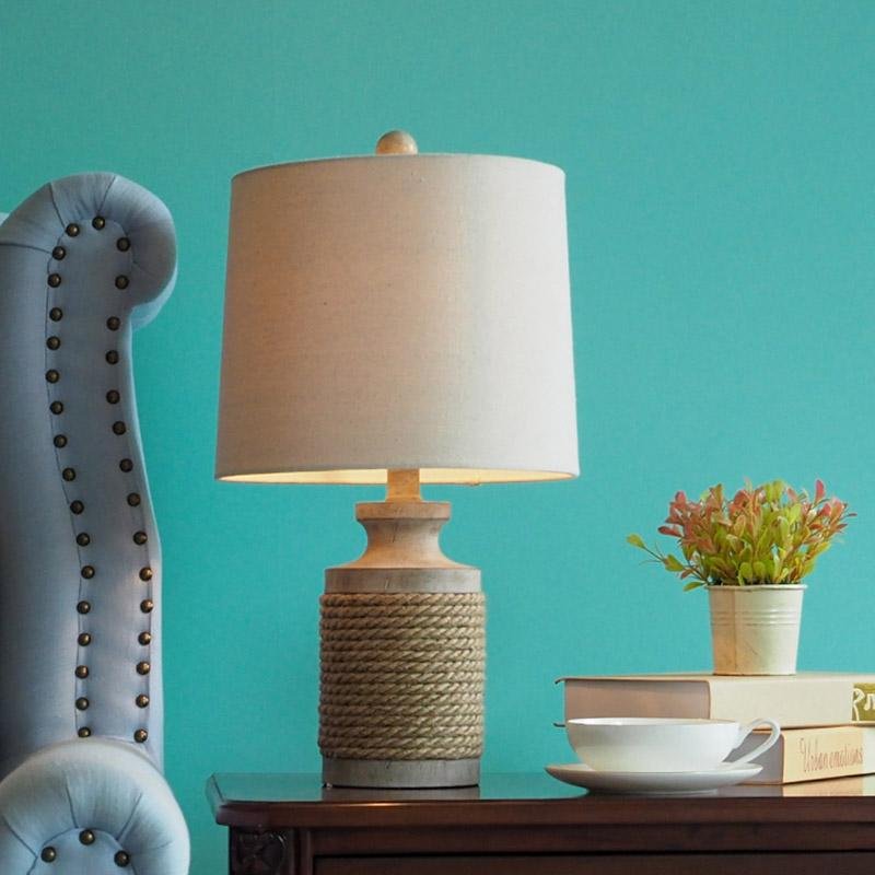 Rustic Oatmeal Fabric Rope Table Lamp with Stone Base