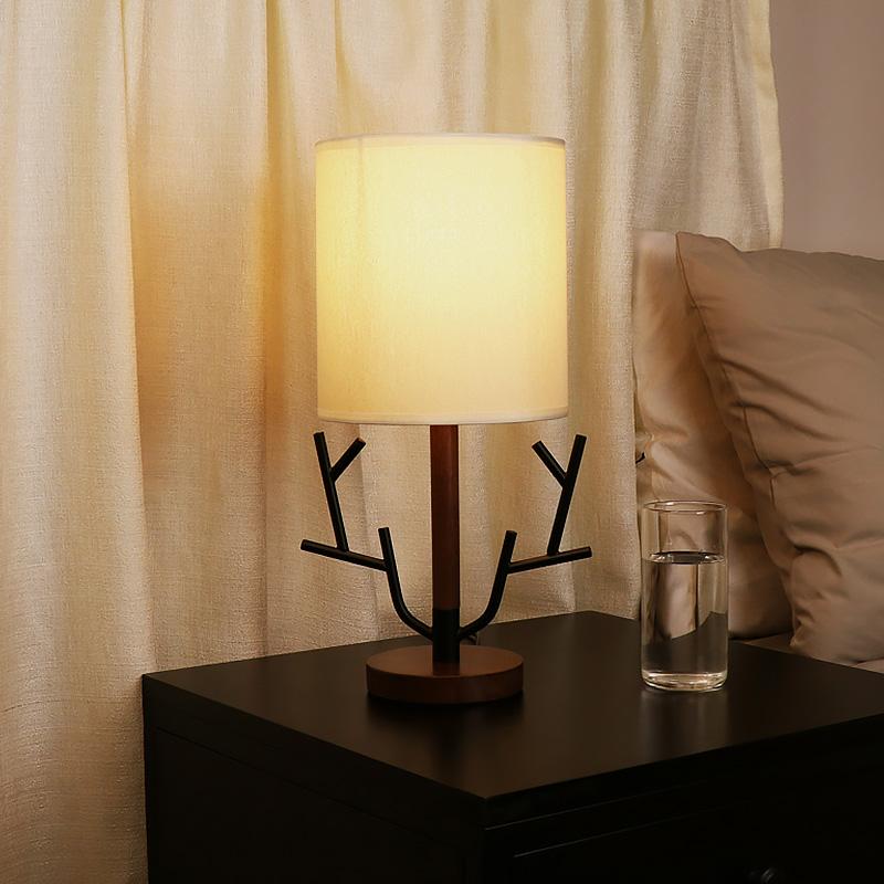 16-Inch Rustic Tree Branch Table Lamp with Fabric Drum Shade - US Plug