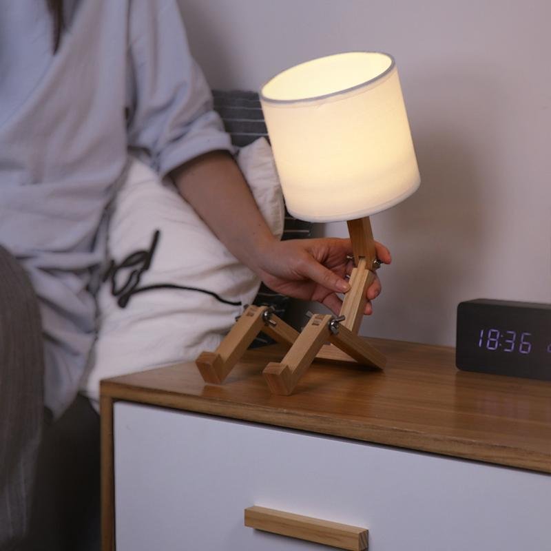 Adjustable Wooden Robot Table Lamp with LED Light