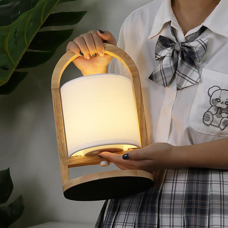 Portable Battery-Powered Wooden Accent Table Lamp