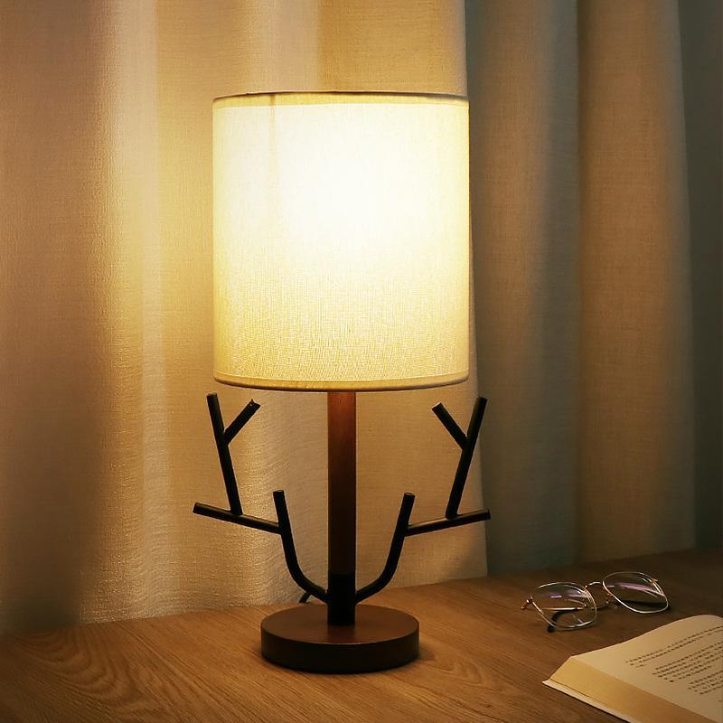 16-Inch Rustic Tree Branch Table Lamp with Fabric Drum Shade - US Plug