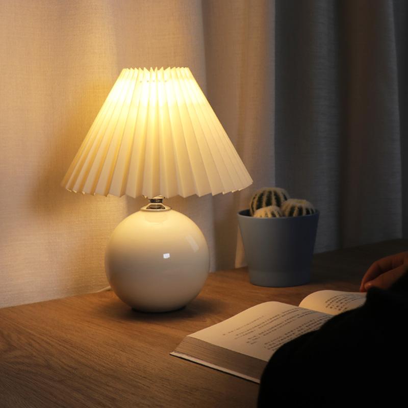 Elegant White Ceramic Globe Table Lamp with Pleated Shade