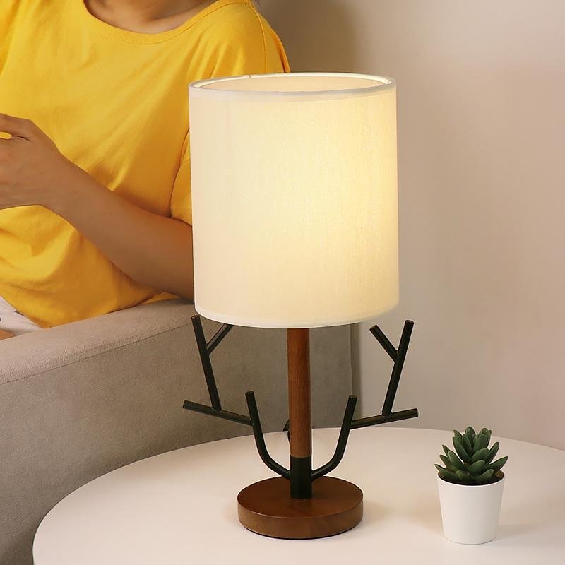 16-Inch Rustic Tree Branch Table Lamp with Fabric Drum Shade - US Plug