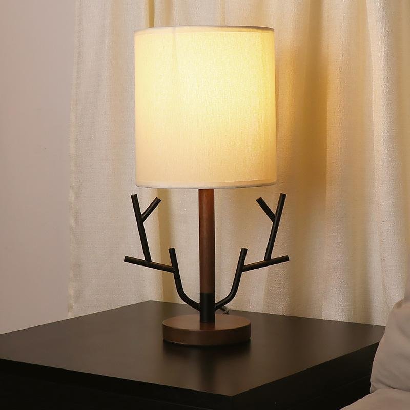 16-Inch Rustic Tree Branch Table Lamp with Fabric Drum Shade - US Plug