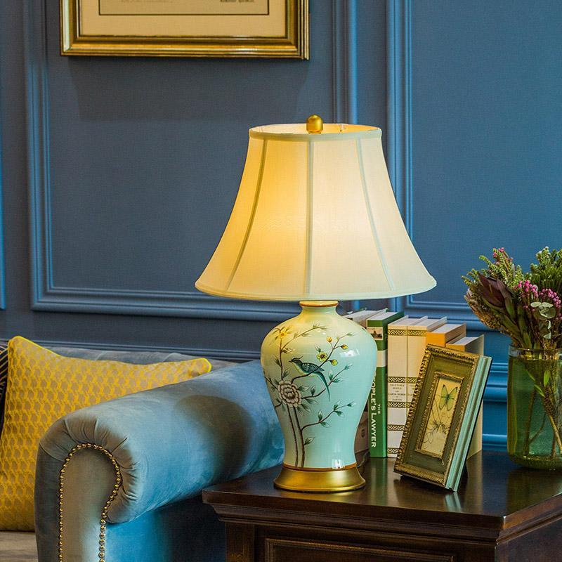23-Inch Oriental Porcelain Table Lamp with Vivid Branches and Birds