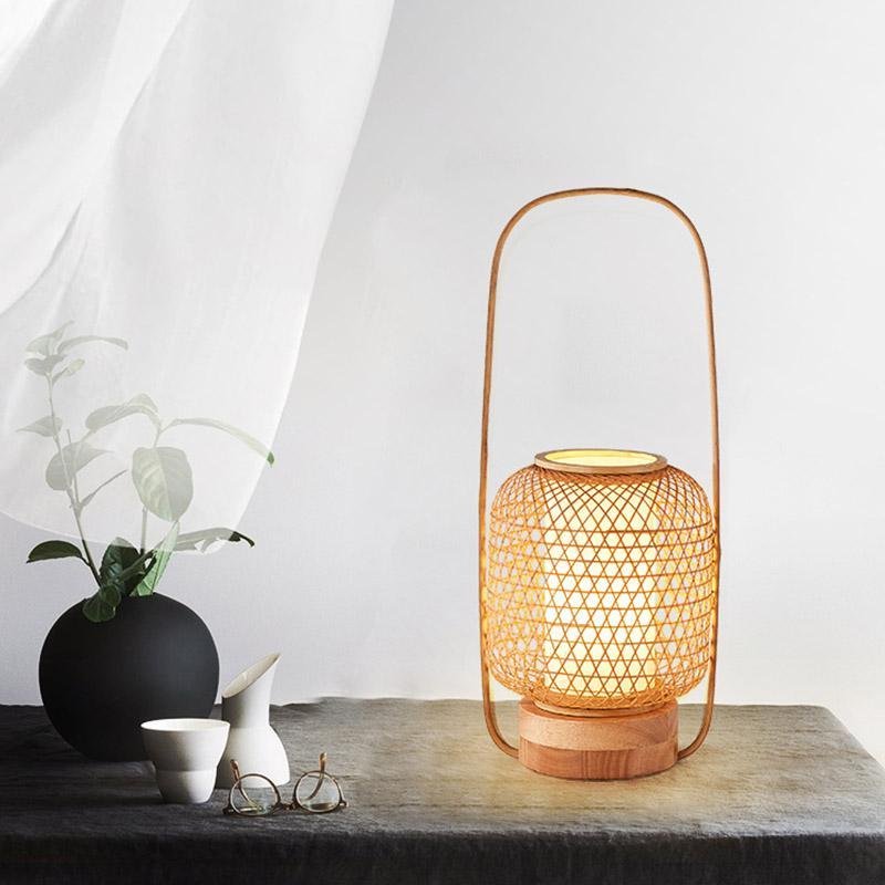 Premium Rustic Bamboo Table Lamp with LED Cylinder Light and USB Charging Port