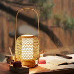 Premium Rustic Bamboo Table Lamp with LED Cylinder Light and USB Charging Port