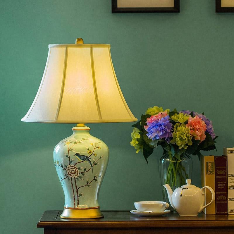 23-Inch Oriental Porcelain Table Lamp with Vivid Branches and Birds