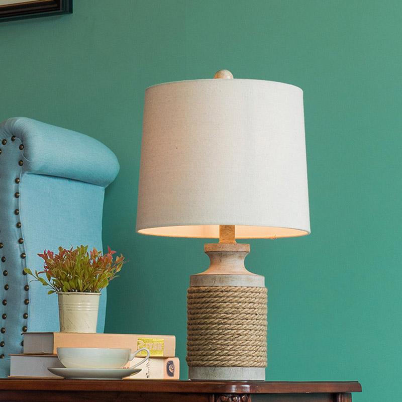 Rustic Oatmeal Fabric Rope Table Lamp with Stone Base