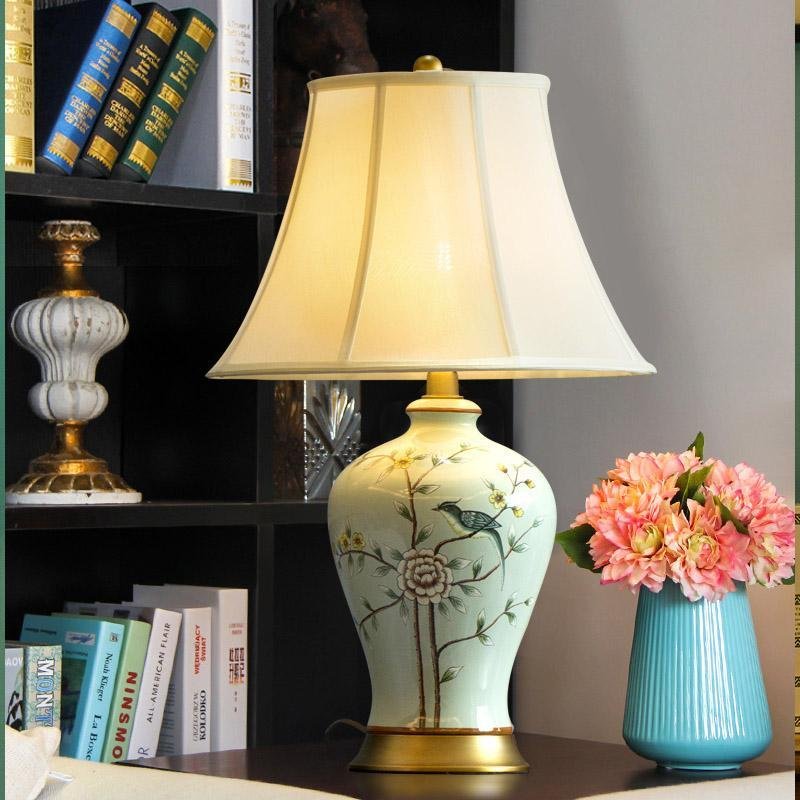 23-Inch Oriental Porcelain Table Lamp with Vivid Branches and Birds