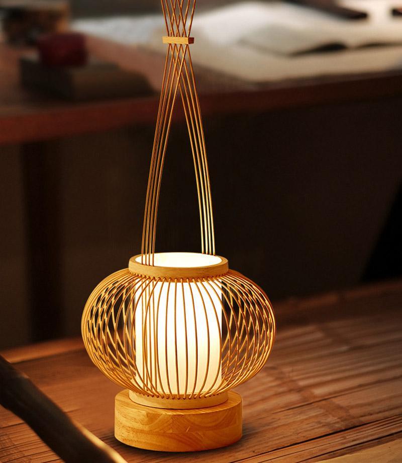 Premium Rustic Bamboo Table Lamp with LED Cylinder Light and USB Charging Port