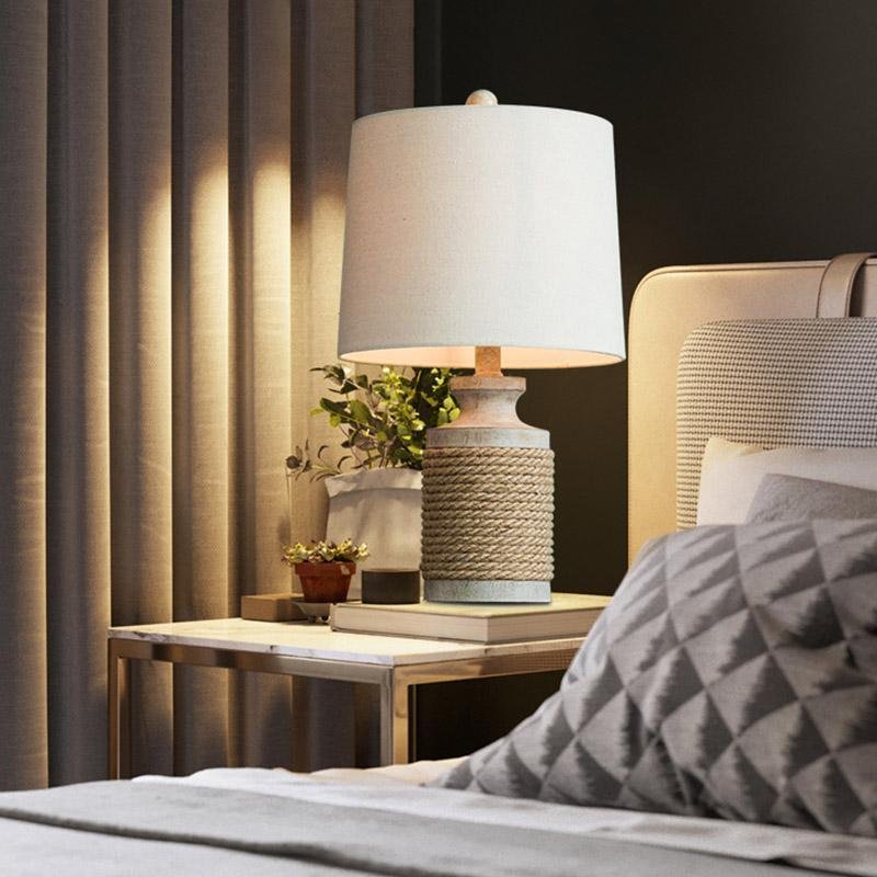 Rustic Oatmeal Fabric Rope Table Lamp with Stone Base