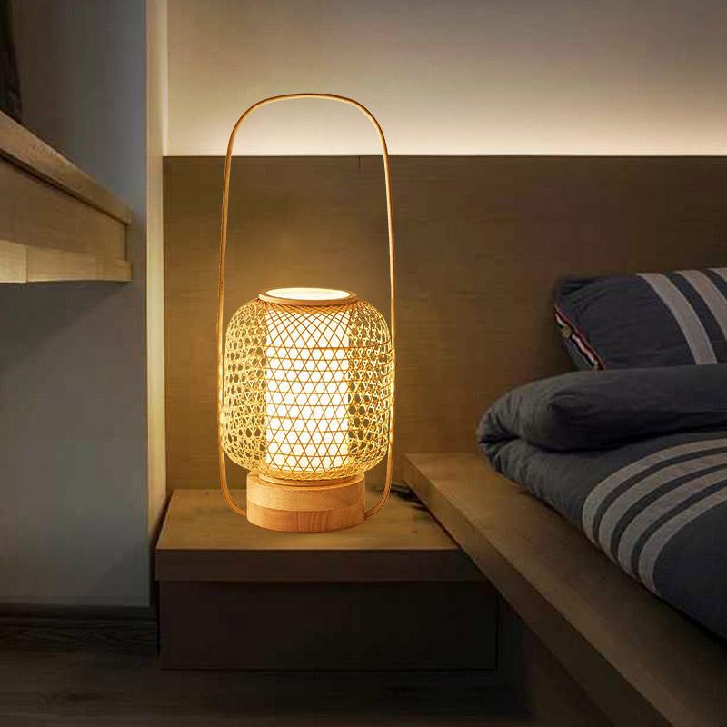 Premium Rustic Bamboo Table Lamp with LED Cylinder Light and USB Charging Port