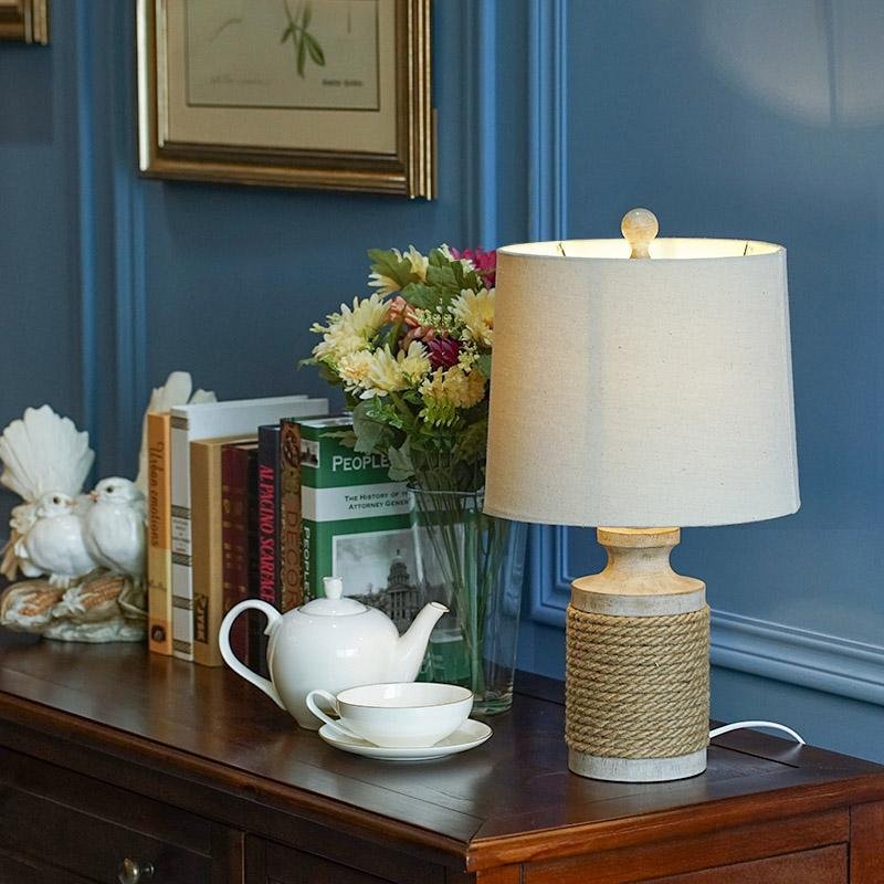 Rustic Oatmeal Fabric Rope Table Lamp with Stone Base