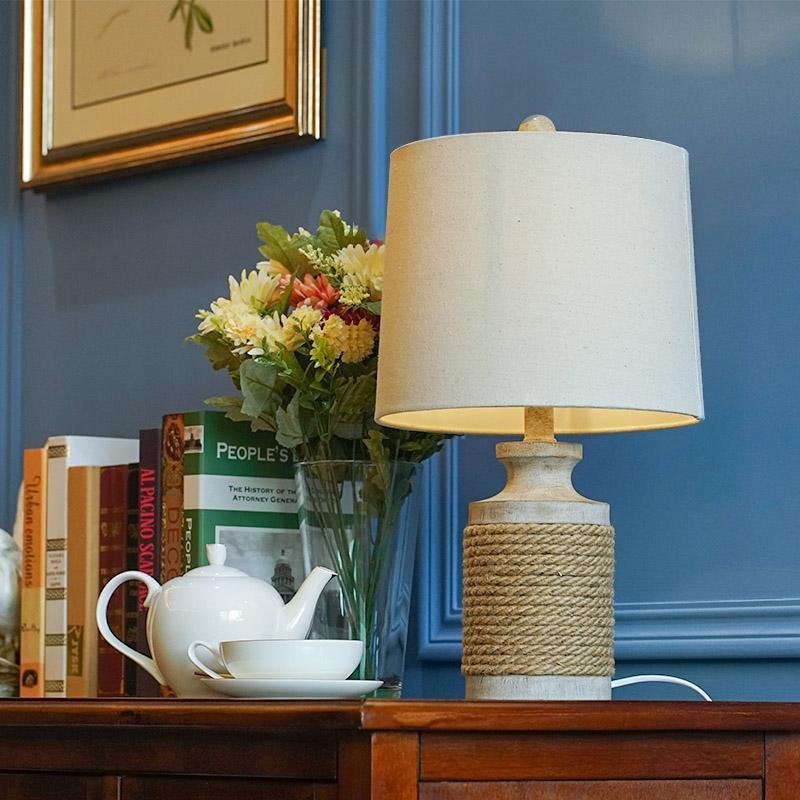 Rustic Oatmeal Fabric Rope Table Lamp with Stone Base