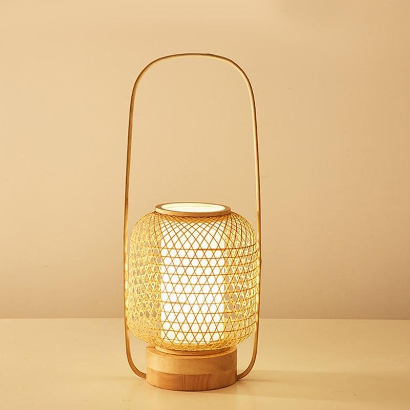 Premium Rustic Bamboo Table Lamp with LED Cylinder Light and USB Charging Port