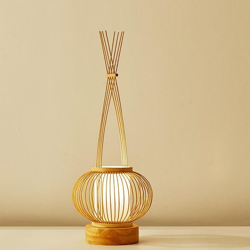 Premium Rustic Bamboo Table Lamp with LED Cylinder Light and USB Charging Port