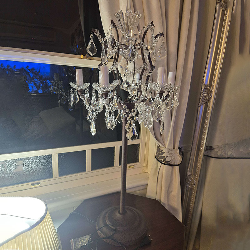 Rustic Vintage French Crystal 6-Light Candelabra Table Lamp
