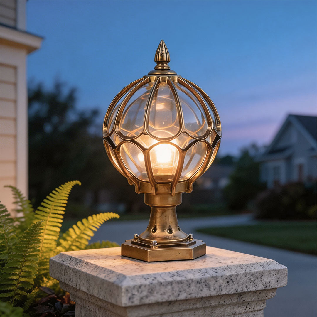 Premium Retro Glass Globe Outdoor Pillar Light with Copper Accent