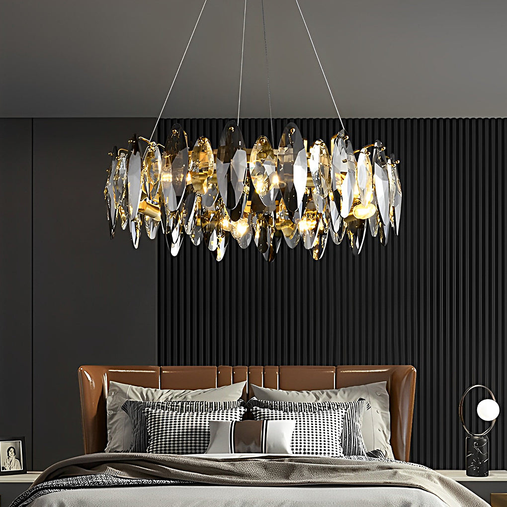Modern Smoke Gray Oval Crystal Chandelier with Round Iron LED