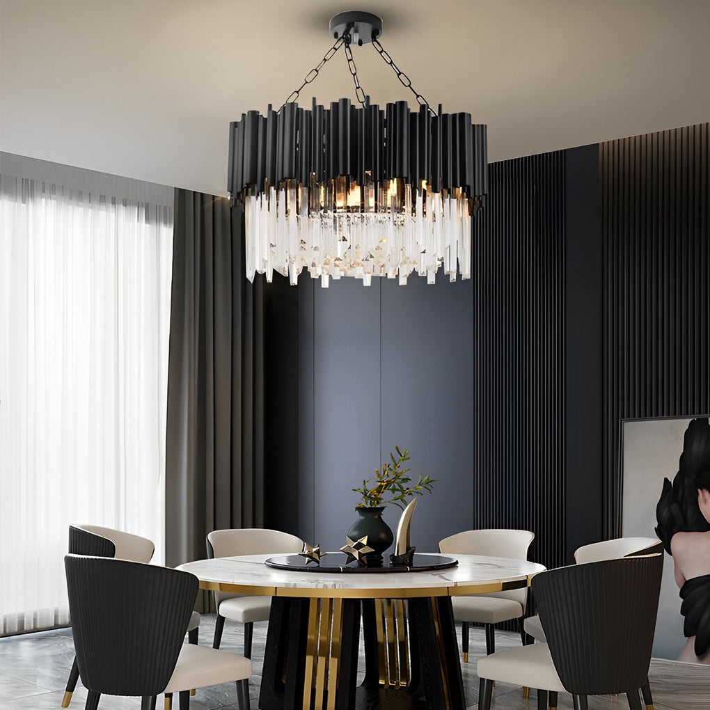 Modern Round Black Metal and Crystal Chandelier Ceiling Light