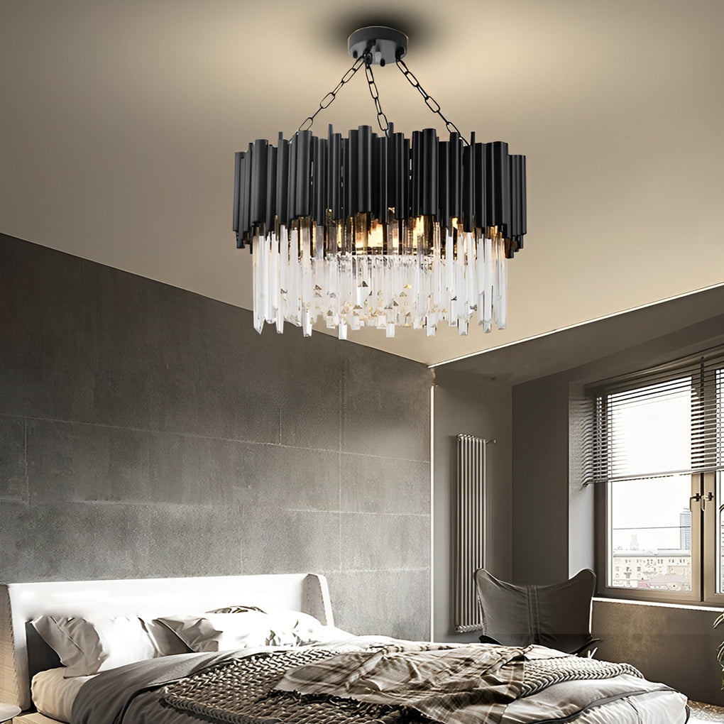 Modern Round Black Metal and Crystal Chandelier Ceiling Light