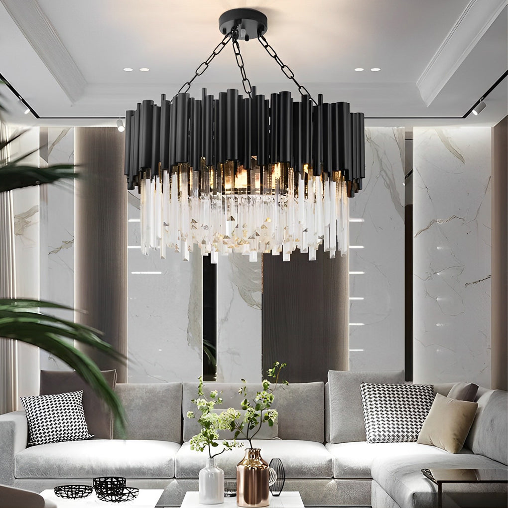 Modern Round Black Metal and Crystal Chandelier Ceiling Light