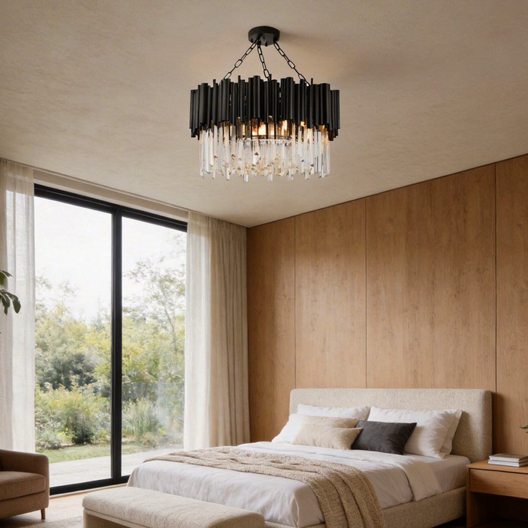 Modern Round Black Metal and Crystal Chandelier Ceiling Light