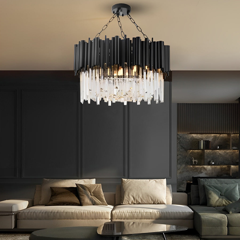Modern Round Black Metal and Crystal Chandelier Ceiling Light