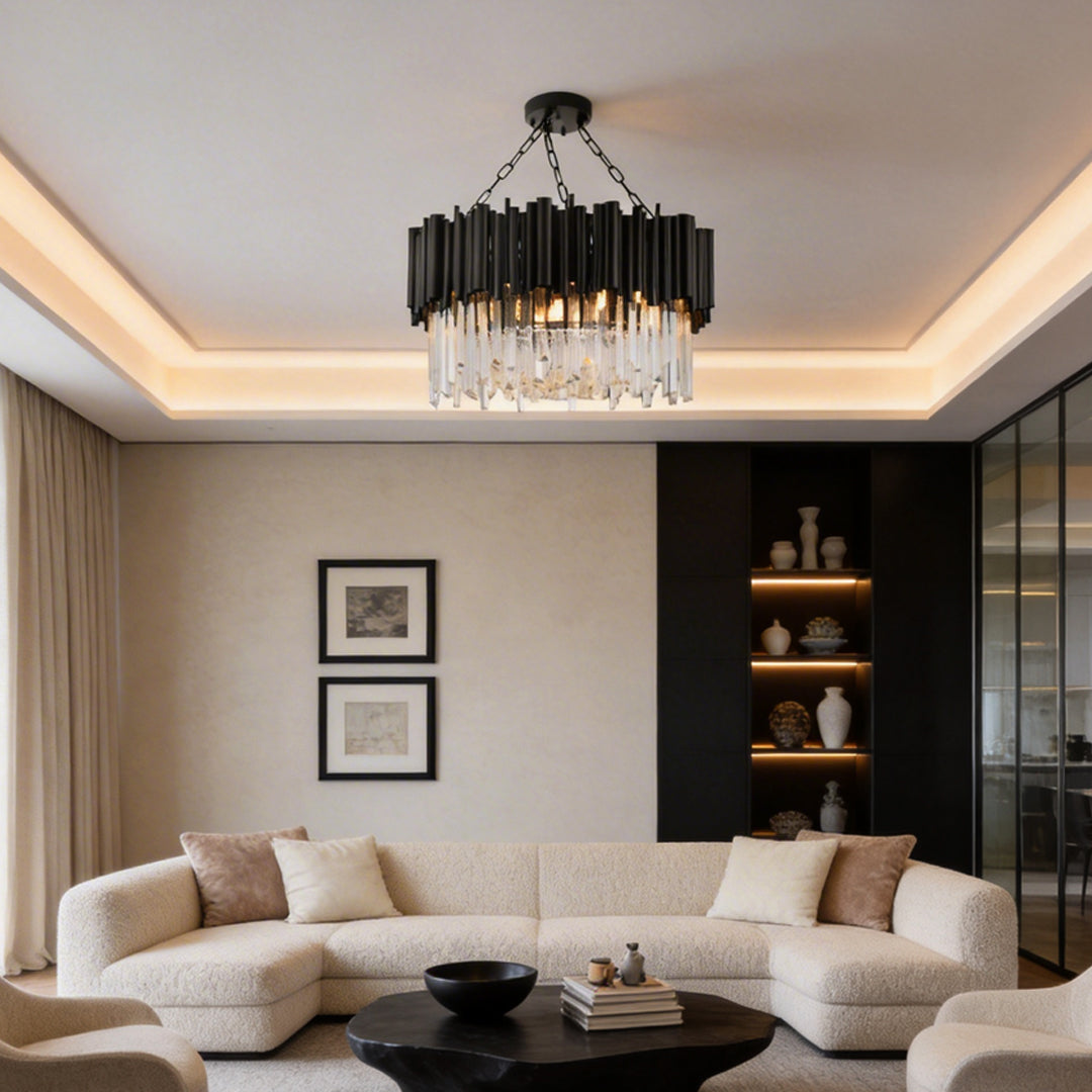 Modern Round Black Metal and Crystal Chandelier Ceiling Light