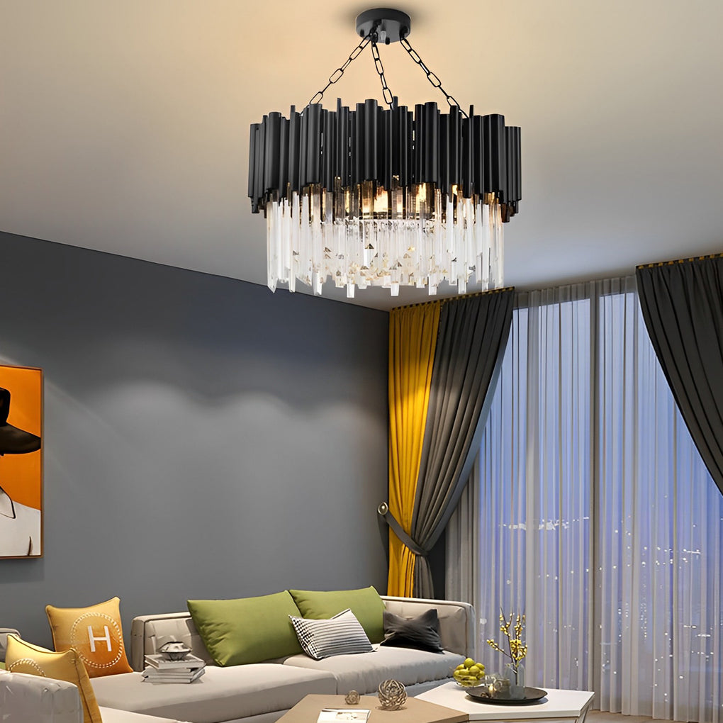 Modern Round Black Metal and Crystal Chandelier Ceiling Light