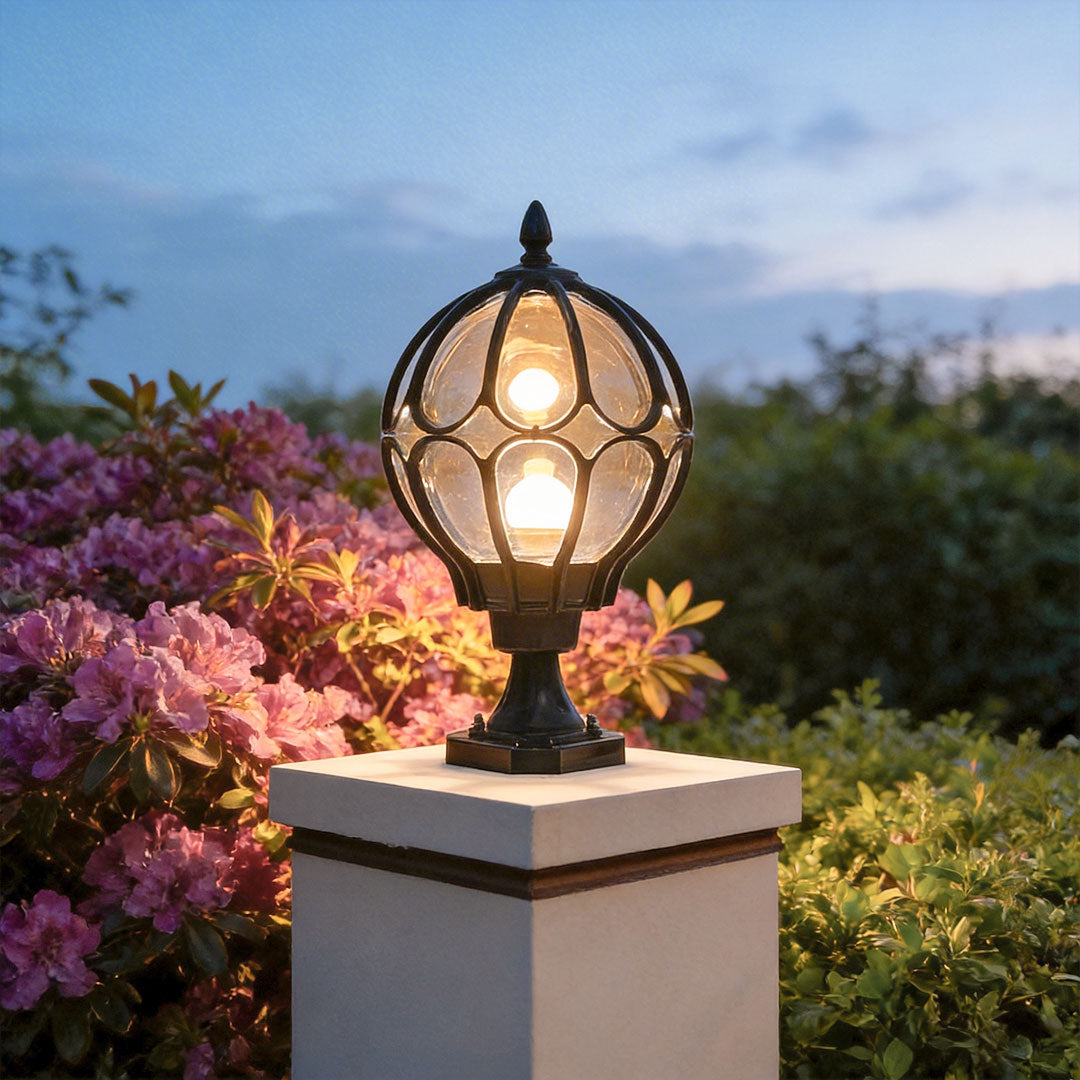 Premium Retro Glass Globe Outdoor Pillar Light with Copper Accent